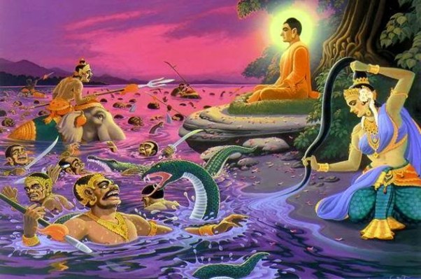 image presents Phra Mae Thorani twisting her hair creating a flood that washed Phaya Marn and his army away